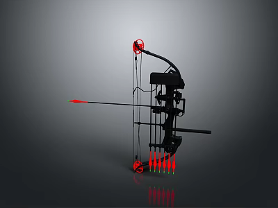 Tactical Compound Crossbow Weapon With Black Design Red Components And Sharp Arrows For Hunting Use 3d model