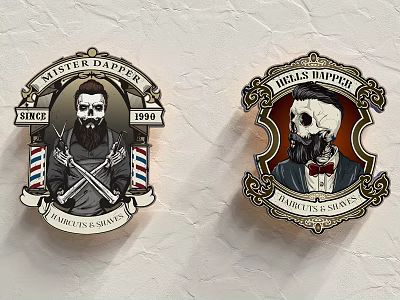 Vintage Barber Shop Brand Logos With Skull Designs Barber Tools And Established Years 3d model