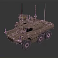 Tactical Six Wheel Utility Vehicle With Roof Mounted Antennas And Metallic Exterior