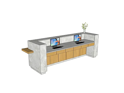 Modern Reception Desk With Gray Countertop Wooden Cabinets Two Computer Monitors And Green Plant 3d model