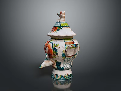 Colorful Ceramic Jar With Bird Shaped Lid And Floral Patterns For Home Decor 3d model