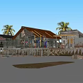 Waterfront Stilt Houses With Wooden Platform Person In Blue Ladder Buckets And Tire
