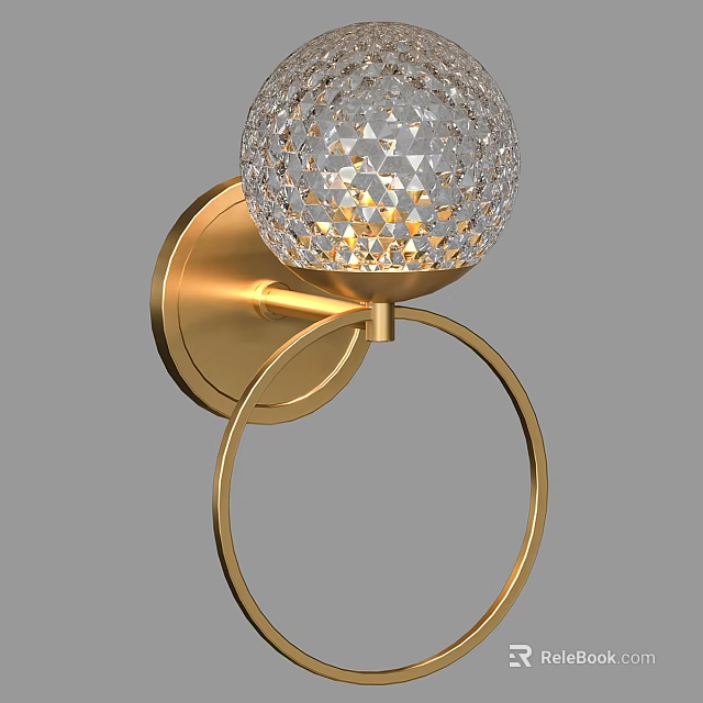 Elegant Golden Wall Lamp With Diamond Cut Crystal Shade And Circular Ring Design 3d model 