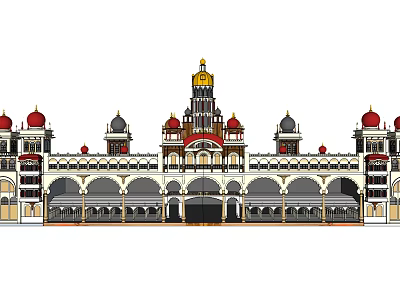 Traditional Architectural Building With Red Domes Golden Spire And Ornate Arches 3d model