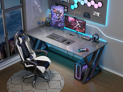 Modern Entertainment Desk With Ergonomic Chair Computer Monitor RGB Lights And Headphones 3d model