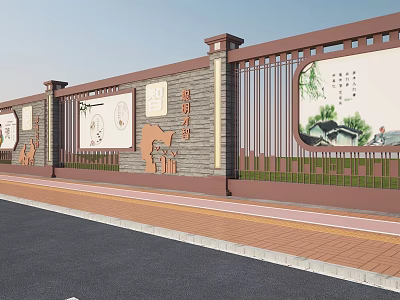 Chinese Traditional Scenic Wall with Stone Brick Structure Relief Carvings Bamboo and Landscape Paintings 3d model
