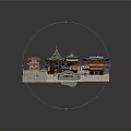Cartoon Miniature Scene of Traditional Chinese Architecture With Curved Roofs Pond Small Bridge and Boat
