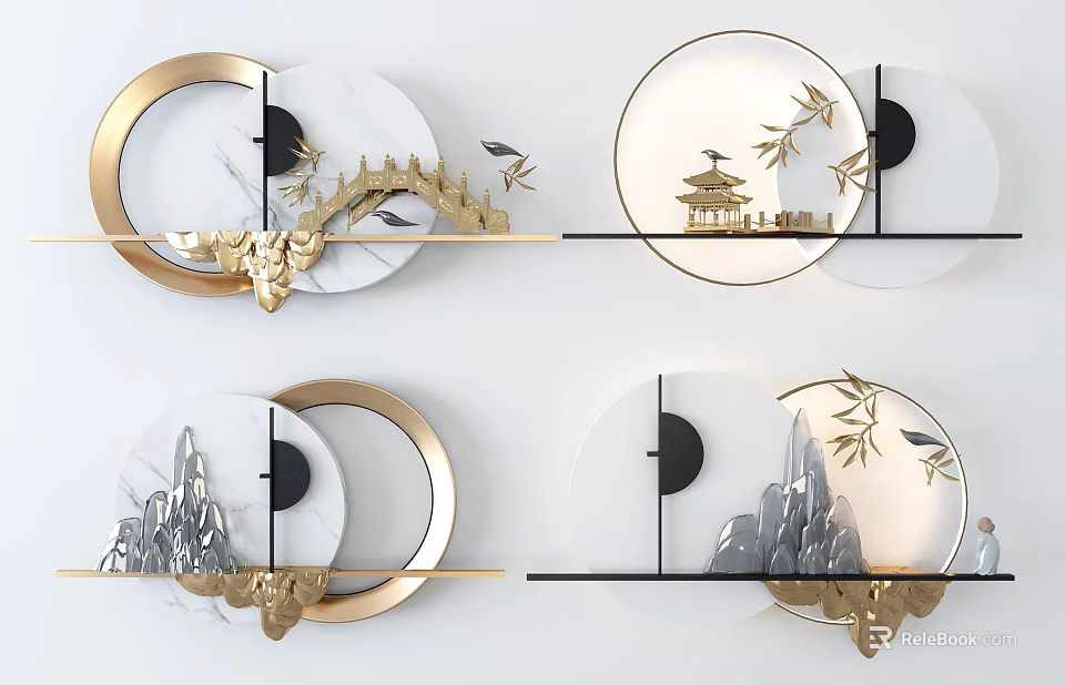 Modern Circular Wall Decor With Golden Frames Marble Texture And Mountain Bamboo Pavilion 3d model