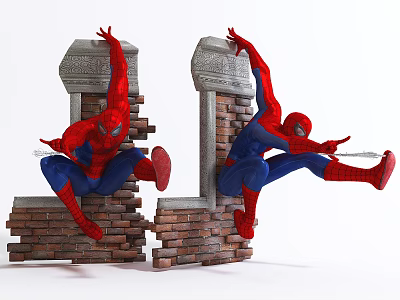 Spider Man Leaping From Broken Brick Wall With Stone Pillars Structure 3d model