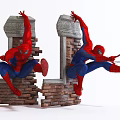 Spider Man Leaping From Broken Brick Wall With Stone Pillars Structure 3d model