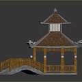 Traditional Chinese Pavilion With Double Tiered Red Tiled Roof Yellow Wooden Railings And Stone Bridge