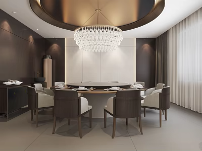 Elegant Modern Private Dining Room Interior With Round Table Chandelier And Comfortable Chairs 3d model
