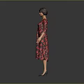 Woman in Red Floral V neck Mid sleeve Dress Standing on Gray Background
