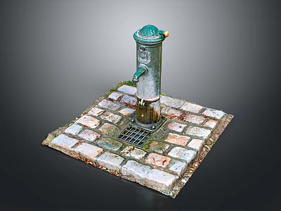 Vintage Public Water Tap Structure On Brick Paved Ground With Drain 3d model