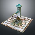 Vintage Public Water Tap Structure On Brick Paved Ground With Drain
