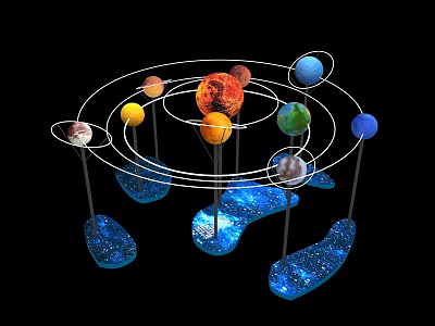 Solar System Model With Planets Orbiting Sun And Blue Glowing Bases 3d model