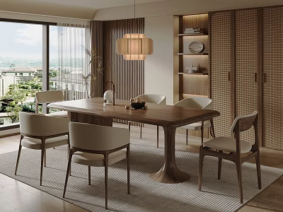 Modern Dining Table Set With Chairs Pendant Light And Shelves On Rug By Window View 3d model