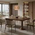 Modern Dining Table Set With Chairs Pendant Light And Shelves On Rug By Window View