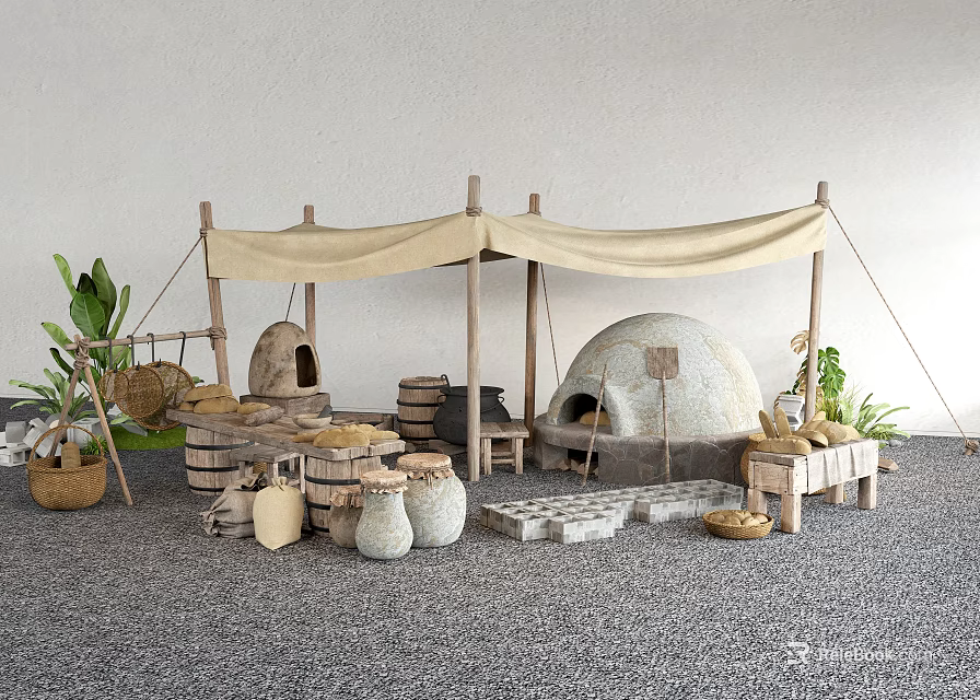 Commercial Kitchen Equipment Setup With Tented Structure Stone Oven Clay Jars Wooden Tables And Plants 3d model 