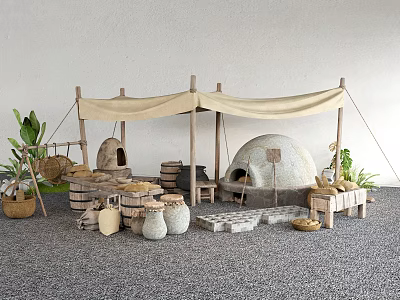 Commercial Kitchen Equipment Setup With Tented Structure Stone Oven Clay Jars Wooden Tables And Plants 3d model