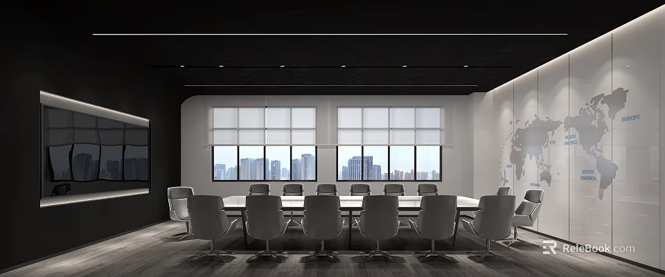 Modern Conference Room Interior Design With Long Table Chairs And City View Windows 3d model 