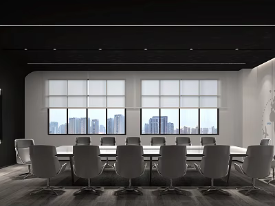 Modern Conference Room Interior Design With Long Table Chairs And City View Windows 3d model