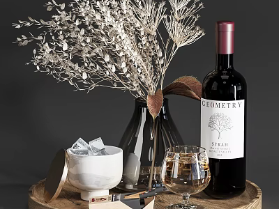 Wine Bottle And Glass On Wooden Tray With Dried Flowers Ice Cubes And Vase 3d model