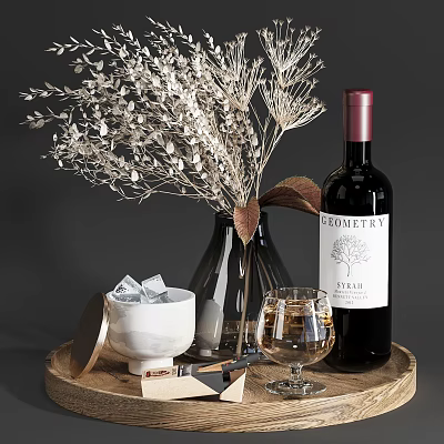 Wine Bottle And Glass On Wooden Tray With Dried Flowers Ice Cubes And Vase 3d model