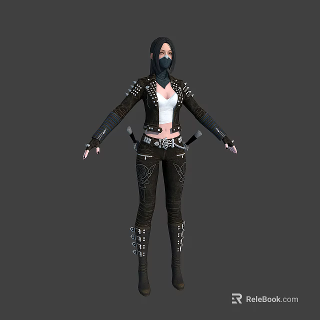 3D Female Character in Studded Leather Outfit with Knives and Creature Design Elements 3d model 