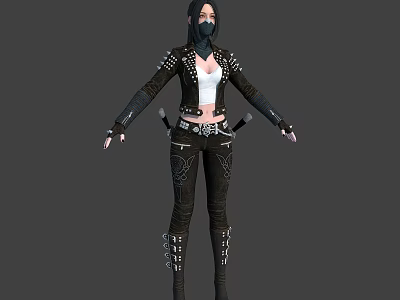 3D Female Character in Studded Leather Outfit with Knives and Creature Design Elements 3d model