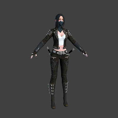 3D Female Character in Studded Leather Outfit with Knives and Creature Design Elements 3d model