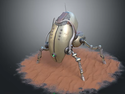 Mechanical Beetle Creature With Metallic Shell Green Glowing Eyes And Mechanical Legs On Sandy Ground 3d model