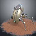Mechanical Beetle Creature With Metallic Shell Green Glowing Eyes And Mechanical Legs On Sandy Ground
