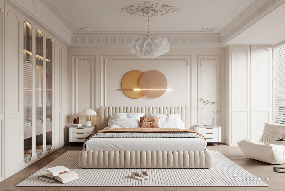 Soft Modern Bedroom Interior With Upholstered Bed Round Wall Art Pendant Light And Area Rug 3d model 