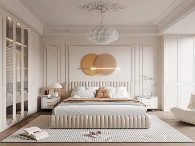 Soft Modern Bedroom Interior With Upholstered Bed Round Wall Art Pendant Light And Area Rug 3d model
