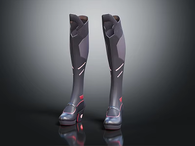 Stylish Gray Knee High Boots with Red Accents and Stiletto Heel Design 3d model