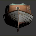 Vintage Wooden Boat Model With Brown Hull Light Green Roof And Dark Background Reflection