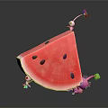 Fresh Red Watermelon Slice With Black Seeds And Small Characters On Dark Background 3d model