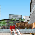 Modern Commercial Street Scene with Tall Glass Building Shops Vehicles Pedestrians and Urban Greenery