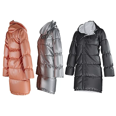 Three Colored Long Hooded Puffer Coats 3d model