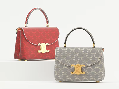 Stylish Red and Gray Patterned Leather Handbags With Gold Logo Top Handle Design 3d model