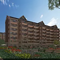 Modern Red Brick Residential Building With Multiple Balconies Lush Greenery And Flower Gardens
