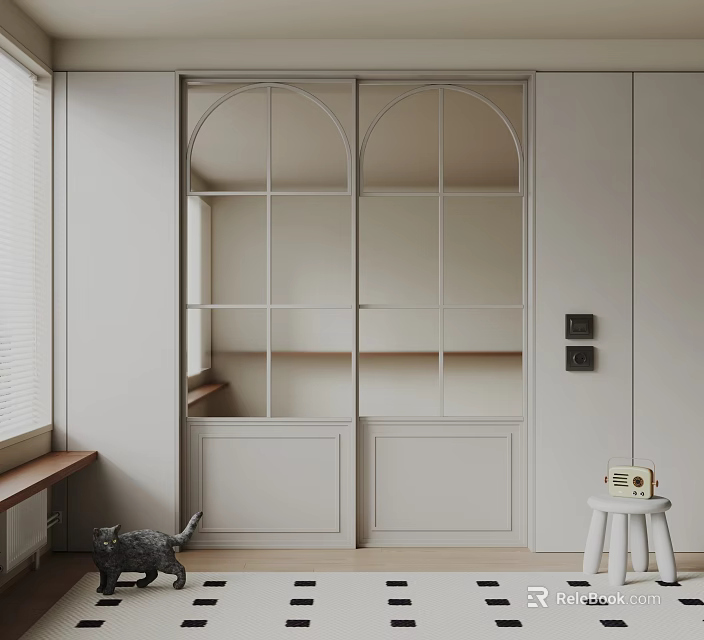 Minimalist Interior Design With Arched Glass Panes Sliding Door And Light Gray Cabinet 3d model 
