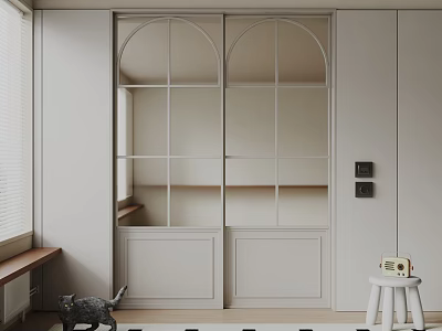 Minimalist Interior Design With Arched Glass Panes Sliding Door And Light Gray Cabinet 3d model