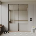 Minimalist Interior Design With Arched Glass Panes Sliding Door And Light Gray Cabinet