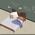 Double Bed with Wooden Headboard White Sheets Purple Blanket Pillows Light Green Walls Wall Shelves