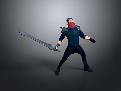 Man With Blue Hair And Red Beard Wearing Armor Holding Large Sword In Battle Stance 3d model