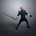 Man With Blue Hair And Red Beard Wearing Armor Holding Large Sword In Battle Stance