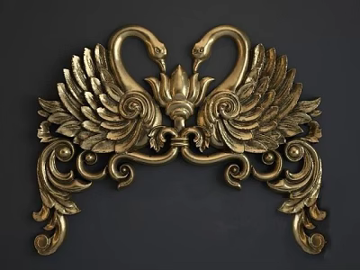 Intricate Gold Carved Swan Wing Ornament With Floral And Scroll Patterns 3d model
