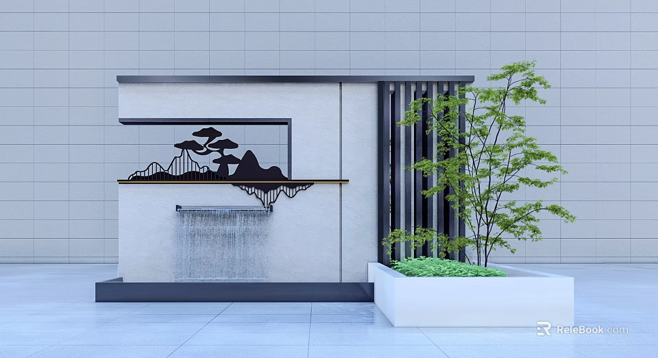 Modern Feature Wall with Waterfall Mountain Pine Tree Pattern Black Decorative Strips and Green Plants 3d model